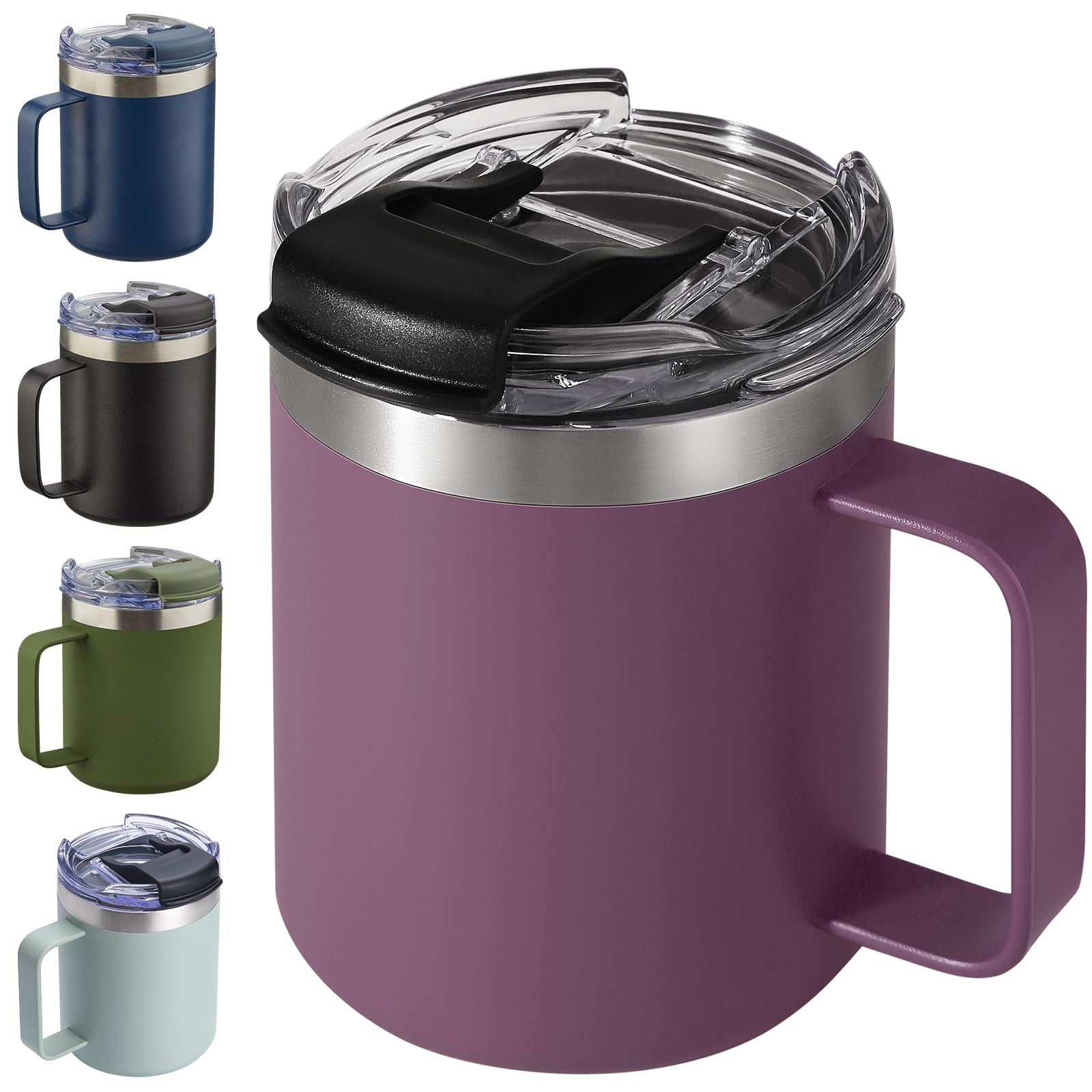 Taza de café aislada de 12 onzas con asa, taza de café de viaje de acero inoxidable con tapa abatible, vaso de café al vacío de doble pared, ciruela