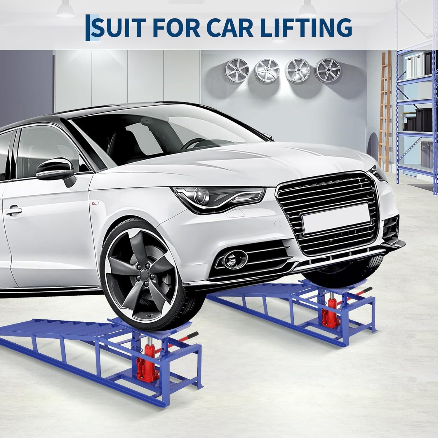 Hydraulic Car Ramps 2 Pack - 11000Lbs Capacity Low Profile Vehicle Ramps for Oil Changes, Trucks, Trailers & Garage Auto Repair, Heavy Duty Steel Construction, Red