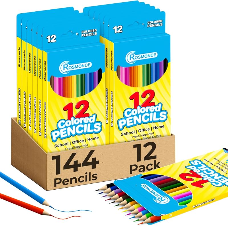 Rosmonde 12 Pack Colored Pencils (144 Count), Easy Hold Grip, 12 Colors | Assorted Pre Sharpened Colors Set, Classroom Art Supplies, Bulk Coloring Set for Schools, Drawing & Creative Projects