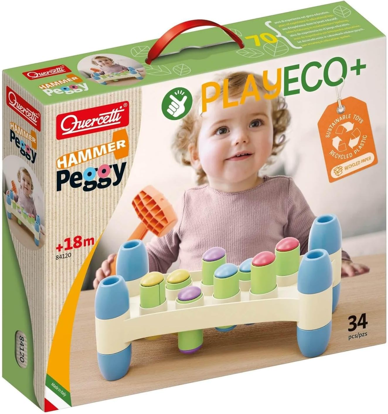 Quercetti: PlayEco+ Jumbo Peggy Evo - Pegs Stacking & Color Matching Toy, Illustrated Cards & Linking Boards, Animal & Vehicle Scenes, Toddler-Kid 2+