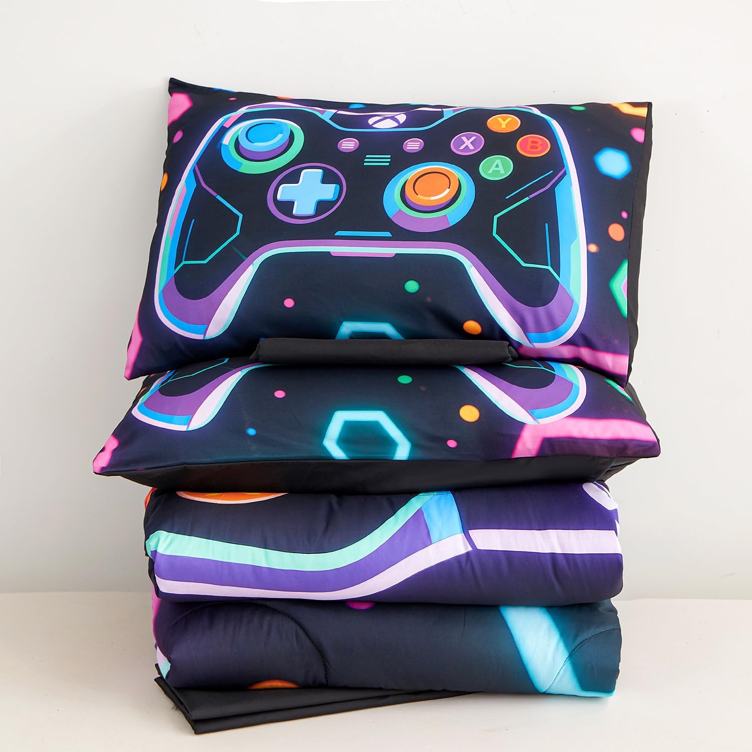 Gaming Comforter Set Queen 7 Piece with Sheets and Sham, Black Gamer Bedding for Kids Teens Boys, Queen Bedding Sets for Boys, Fun Game Bed Set, Cool Gamer Room Decor for Boys Bedroom