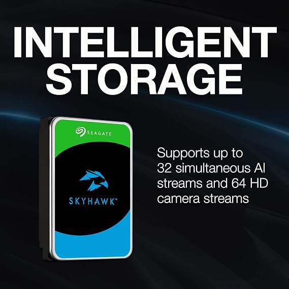 محرك أقراص صلبة داخلي Seagate Skyhawk AI سعة 16 تيرابايت مزود بذاكرة تخزين مؤقتة SATA مقاس 3.5 بوصة بسرعة 6 جيجابايت/ثانية وذاكرة تخزين مؤقتة 256 ميجابايت لنظام كاميرا أمان DVR NVR مع إدارة صحة محرك الأقراص وخدمات الإنقاذ الداخلية (ST16000VE000)