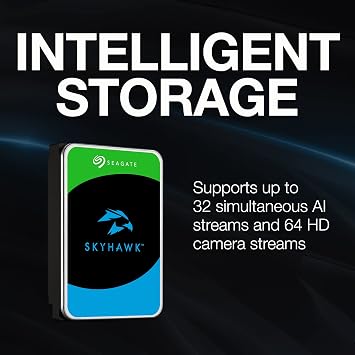 محرك أقراص صلبة داخلي Seagate Skyhawk AI سعة 16 تيرابايت مزود بذاكرة تخزين مؤقتة SATA مقاس 3.5 بوصة بسرعة 6 جيجابايت/ثانية وذاكرة تخزين مؤقتة 256 ميجابايت لنظام كاميرا أمان DVR NVR مع إدارة صحة محرك الأقراص وخدمات الإنقاذ الداخلية (ST16000VE000)