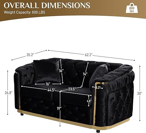 Miniatura 2 de Sofá Chesterfield de terciopelo, sofá negro y dorado de 62.5 pulgadas, sofás de lujo para sala de estar, sofá biplaza moderno de mediados de siglo,