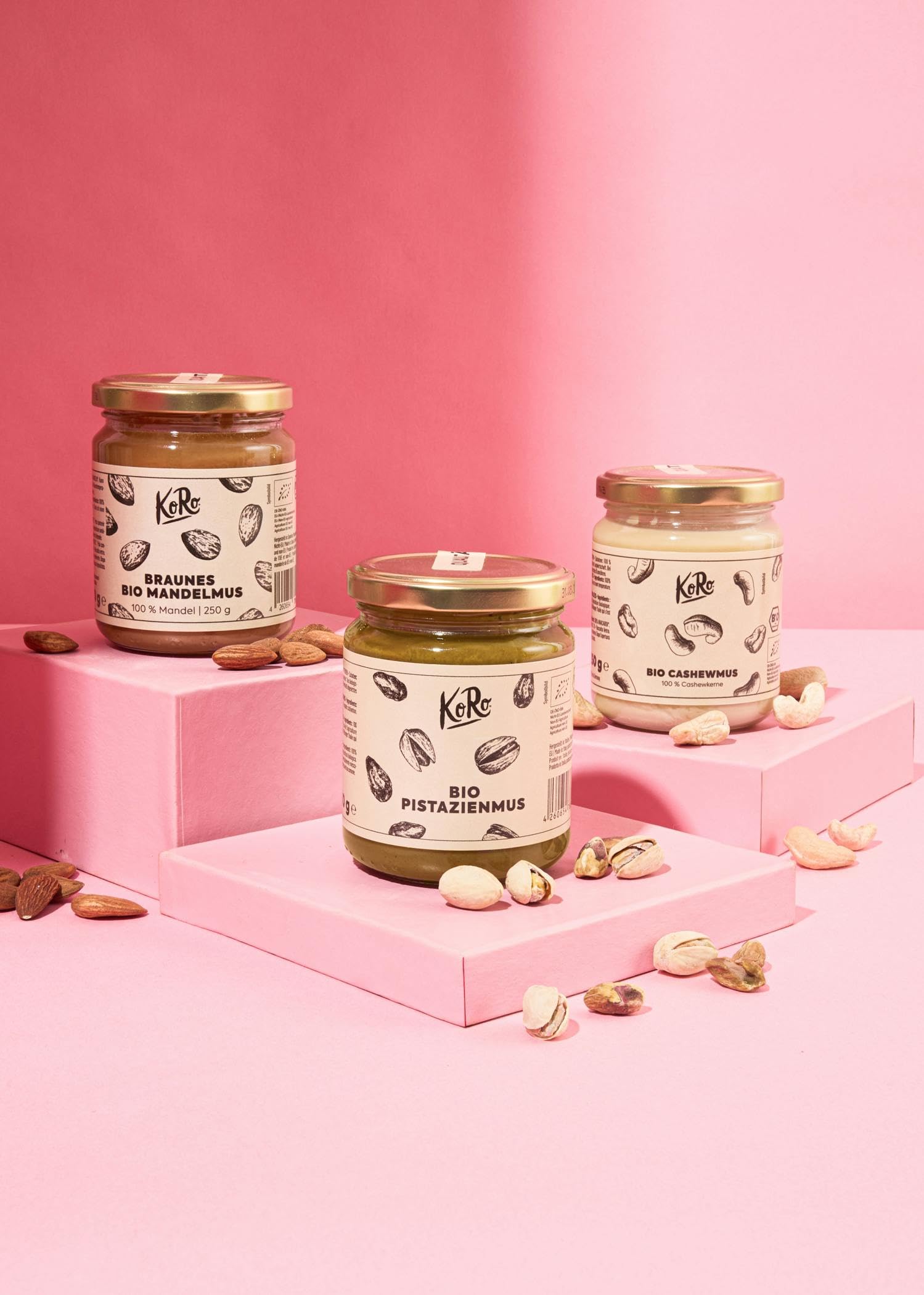 KoRo - Coffret dégustation purées d'oléagineux bio Deluxe - 3 x 250 g - Purée de noix de cajou, de pistache et d'amande - Format découverte pratique de 250 g - Vegan