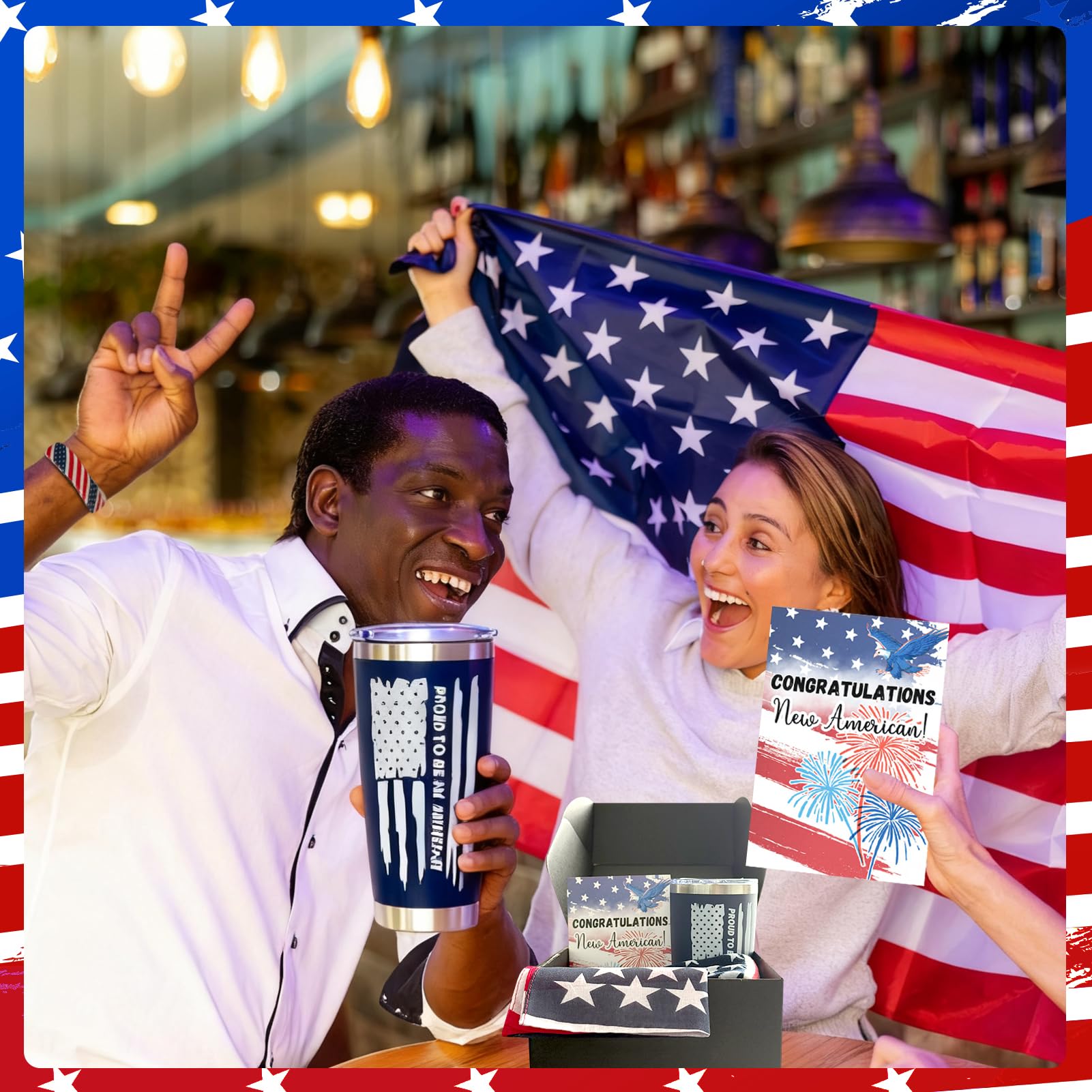 7 Pcs New US Citizenship Gift American Flag Gifts Set Include Water Bottle Wristband Handkerchief Keychain Socks Aromatherapy Card Patriotic Gift Box Congratulations Card for Foreigners Veterans