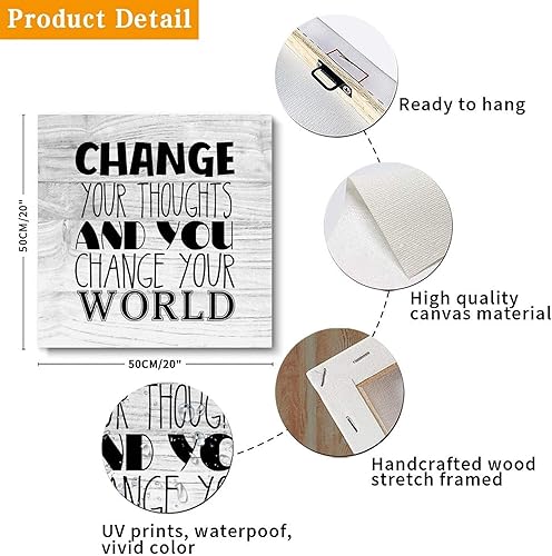 Miniatura 4 de Lienzo motivacional para pared, arte de pared con texto en inglés "Change Your Thoughts And You Change Your World", arte de pared moderno para
