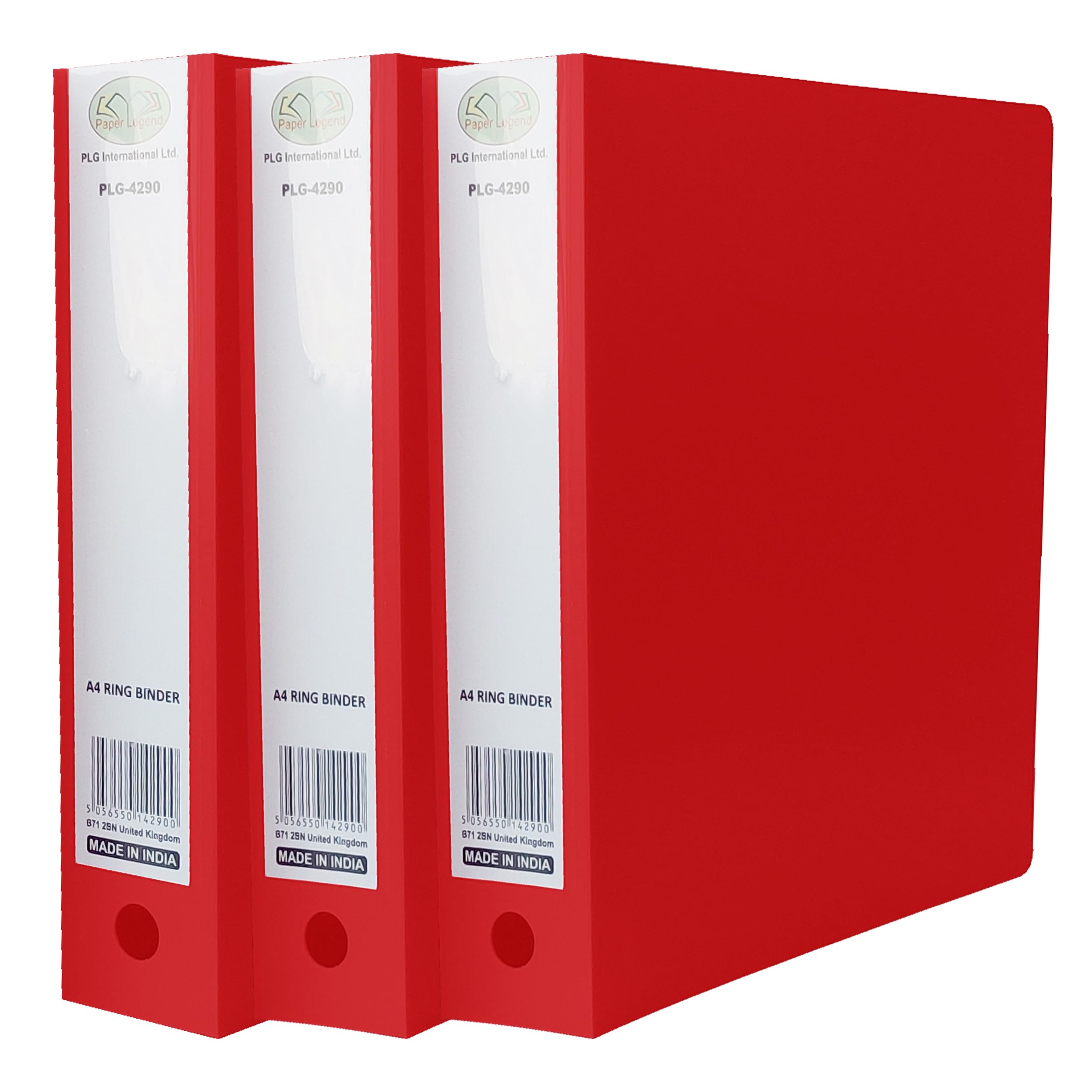 M1SS Pack of 3 A4 Ring Binders – Red Heavy Duty Polypropylene File Folders with 2-O Metal Rings, 65mm Spine & Label Holder – Durable Document Organiser with Finger Pull Hole