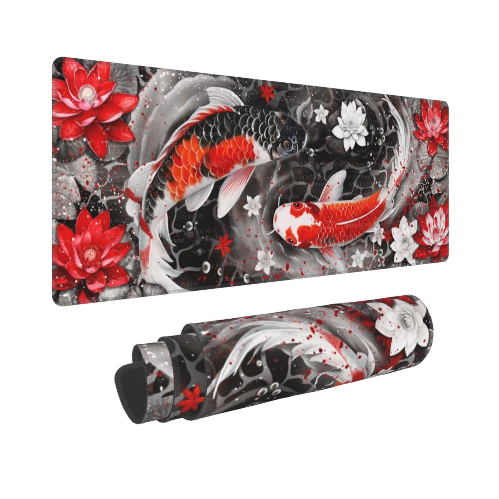 Black and Red Japanese Fish Gaming Mouspad Long Extended Large Mousepad XL Oversized Desk Pad, 31.5 X 11.8 Inch