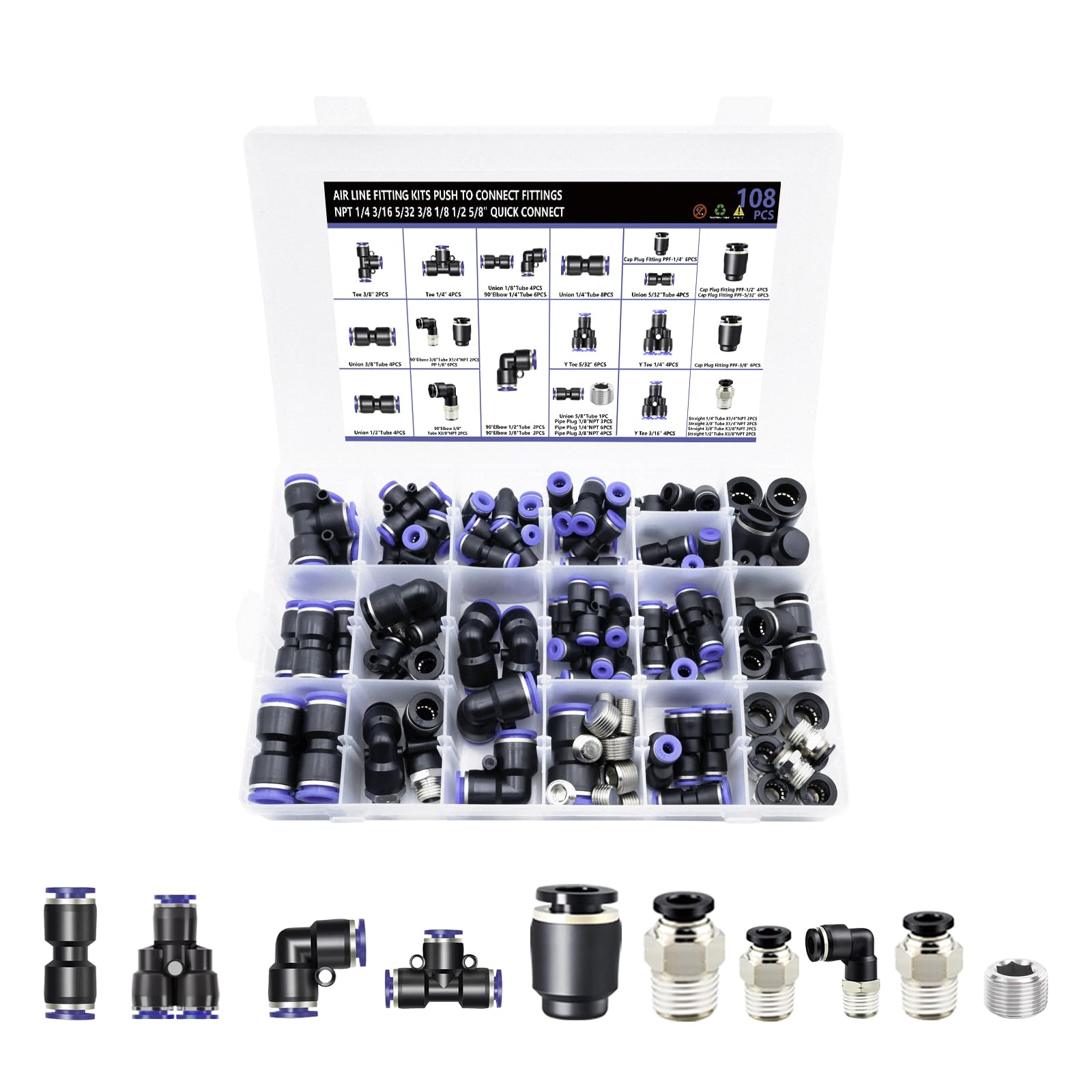 108 Pcs Quick Connect Air Hose Fittings Kit - 1/8" to 1/2" NPT Thread Push To Connect Fittings for Workshops