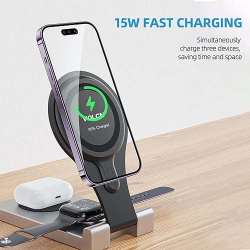 Miniatura 3 de Cargador inalámbrico magnético 3 en 1, estación de carga inalámbrica plegable, soporte de carga compatible con Magsafe, cargador de viaje para