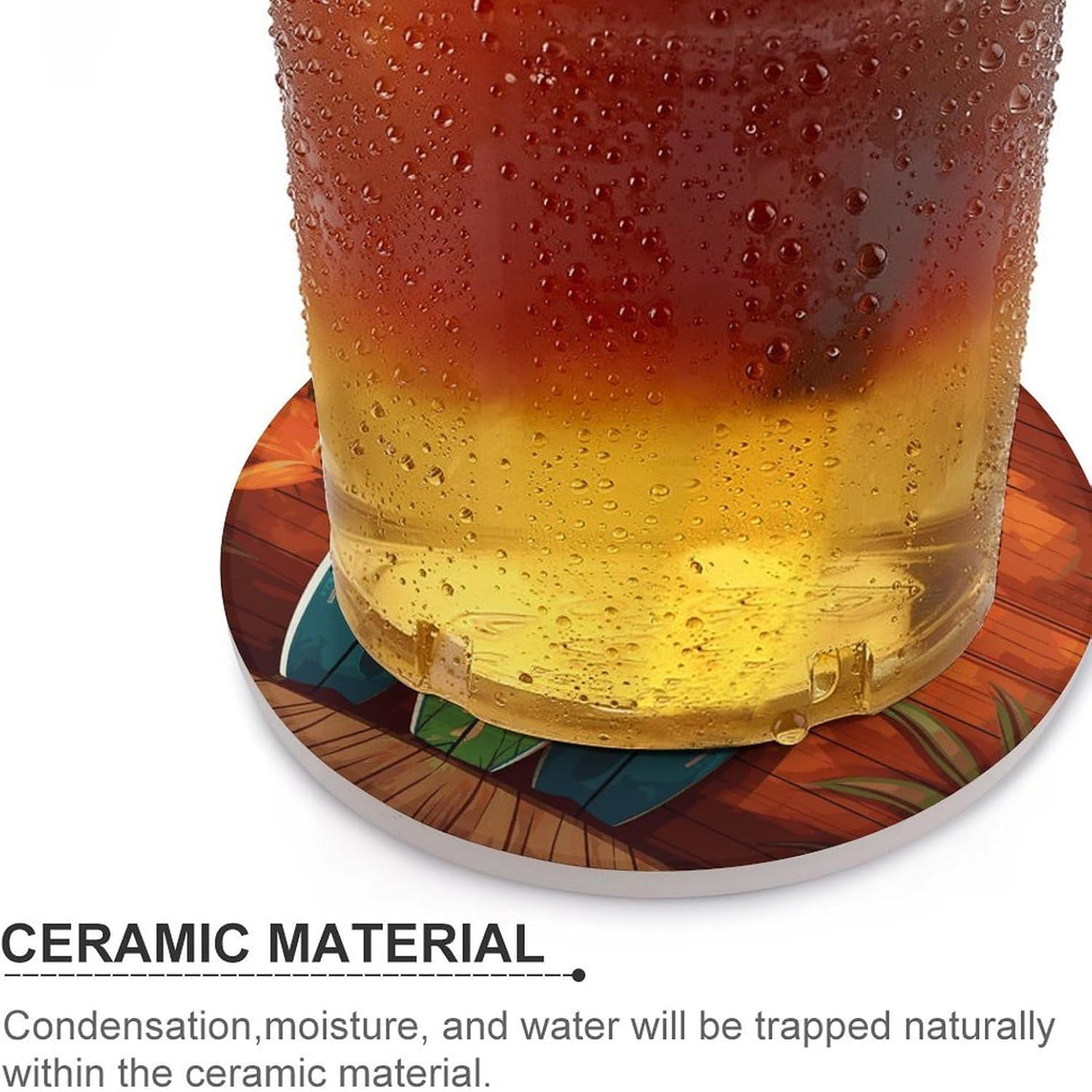 Surfboard on Wooden Coaster with Cork Base Drink Coasters for Coffee Table Decor Modern Cup Coasters with Non-Slip & Heat-Resistant Cute Ceramic Table Coaster for Home Dining