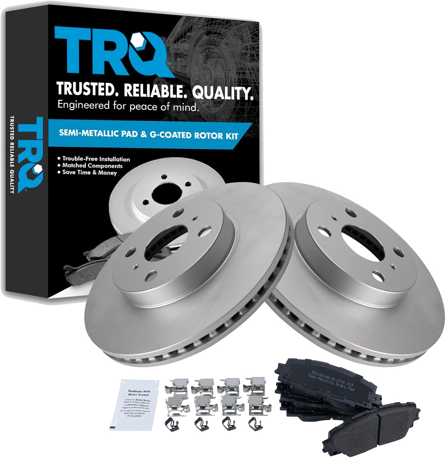 TRQ Front Brake Pad & Rotor Kit Brake Pads Brake Rotor Semi-Metallic Premium G-Coated Compatible with 2013 Scion iQ 2012-2019 Toyota Prius C 2007-2018 Yaris