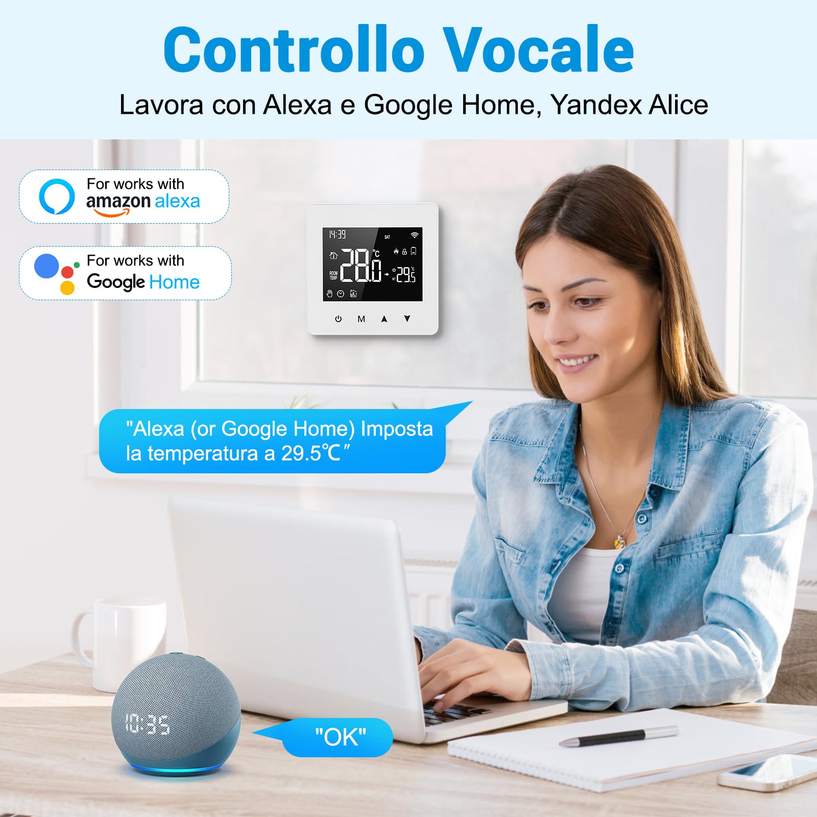 Termostato WiFi, Termostato Caldaia Programmabile, Intelligente 503 da Parete, LCD Digitale Touchscreen, per Alexa e Google Assistant, a Batteria, 3A, Bianco
