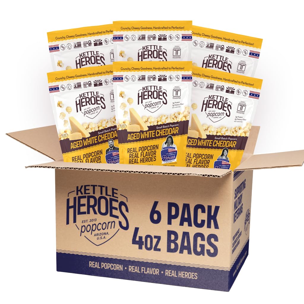 Kettle Heroes Popcorn, Aged White Cheddar Flavor, Small Batch Popcorn, No Sugar, No Trans Fat, Kosher, Soy Free, Gluten Free & Non-GMO, 4 Ounce (Pack of 6)