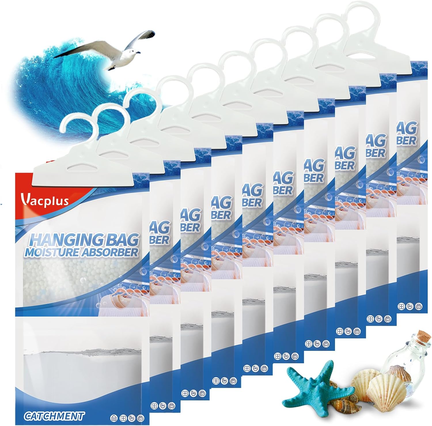 Product image of Vacplus Moisture Absorbers, Hanging Closet Dehumidifier Bags, Humidity Packs, Desiccant, Closet Dehumidifiers with Ocean Breeze Fragrance, 10 Pack, 9.8 OZ