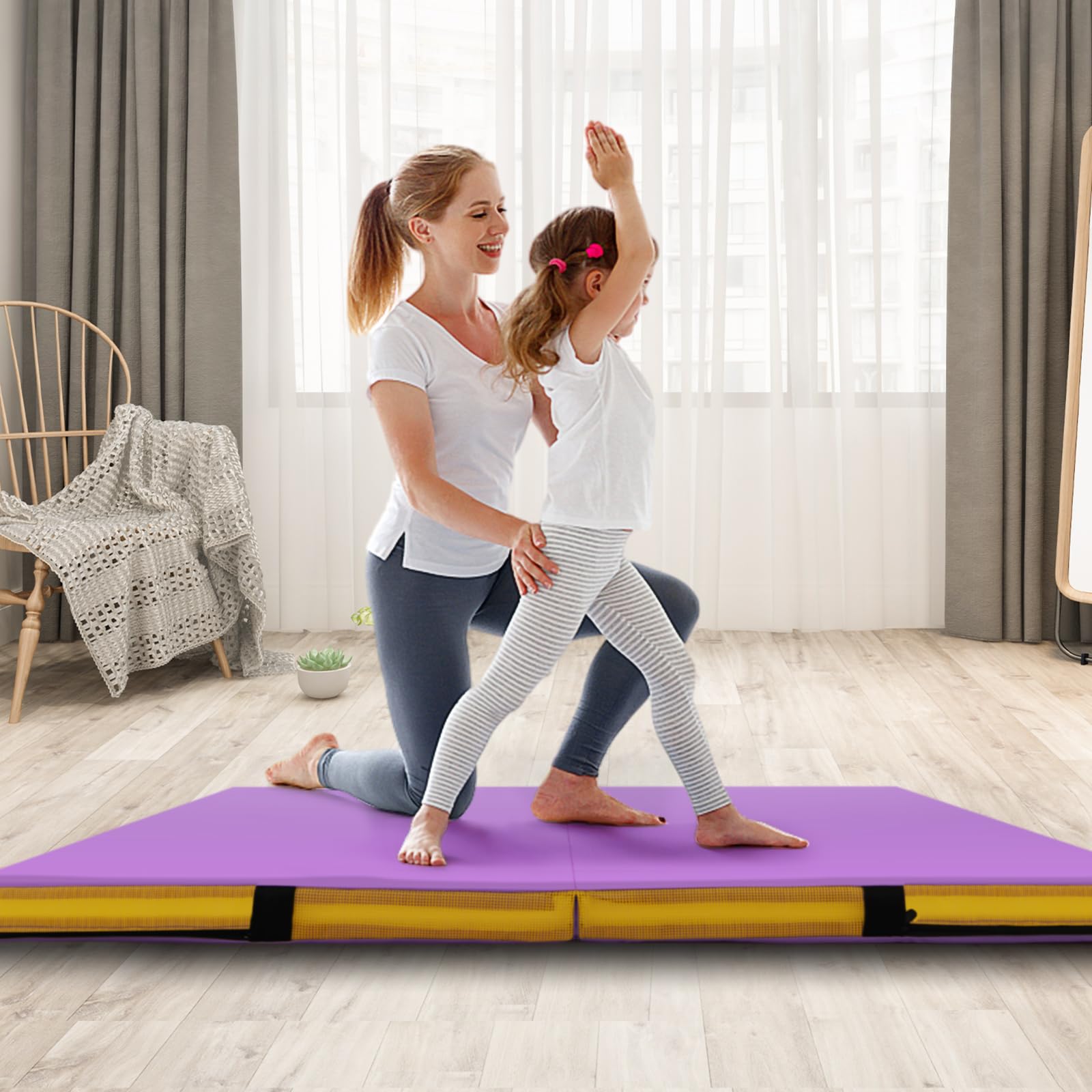 COSTWAY Tappetino Fitness Pieghevole, Materassino per Ginnastica e Acrobatica con Rivestimento in Pelle Sintetica e Maniglie, per Esercizi a Casa per Yoga, Stretching e Pilates