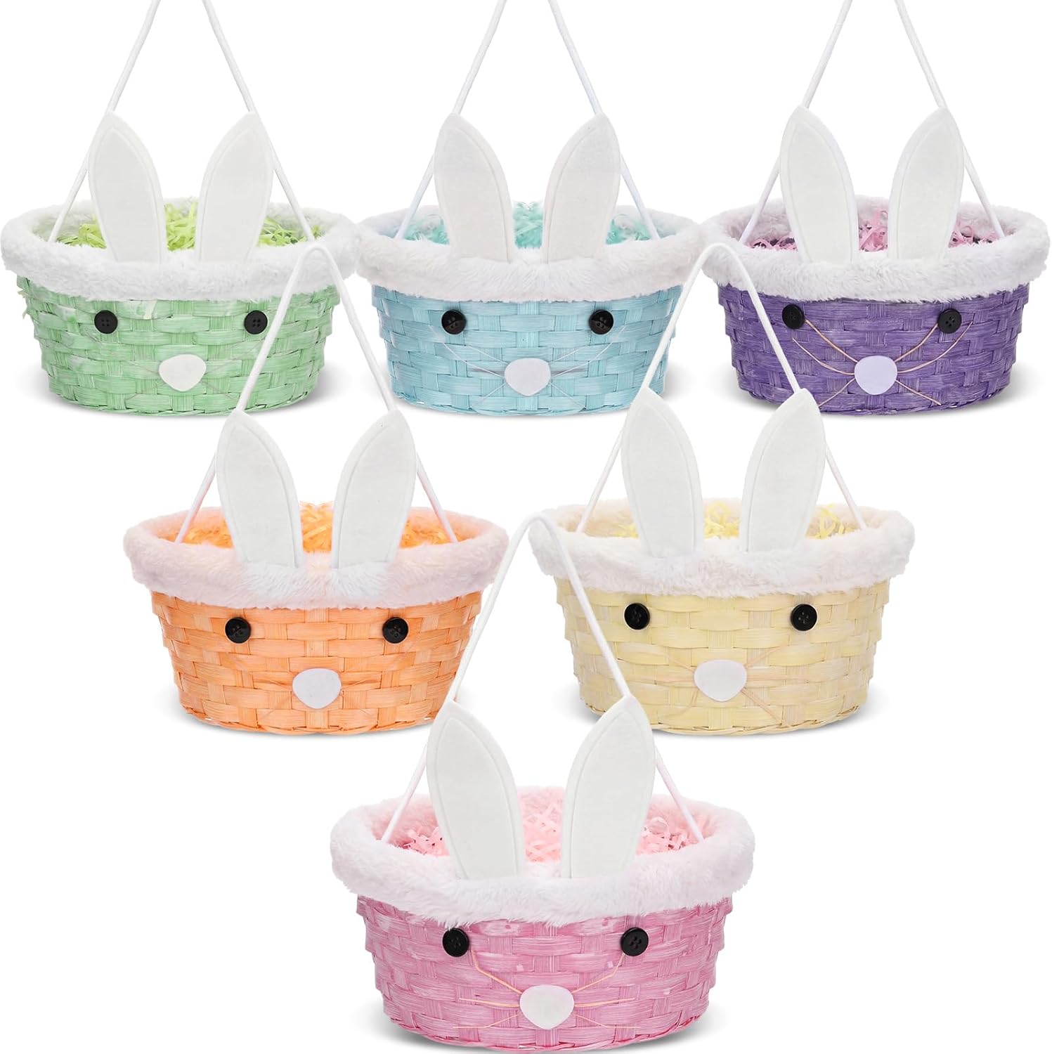 Didaey 6 Pcs Wicker Easter Basket with Rope Handles Woven Bamboo Easter Basket with Grass Raffia Filler Cute Rabbit Picnic Hamper for Egg Hunt Party Gifts (Pastel)