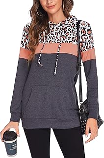 Bluetime Women Drawstring Pullover Hoodies Casual Long Sleeve Tops Color Block Sweatshirts with Pocket (S-XXL)