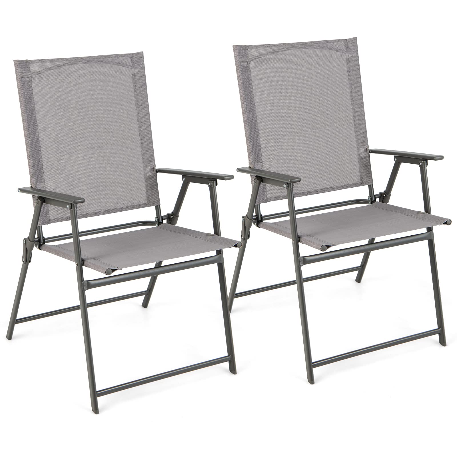 COSTWAY Set of 2/4 Folding Garden Chairs, Portable Outdoor Dining Chairs with Armrests, Metal Frame Patio Bistro Chair Seats for Balcony, Yard, Lawn and Poolside, 150kg Load Capacity (2 pcs, Grey)