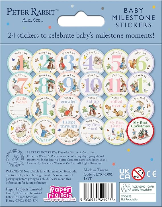 Peter Rabbit Baby Milestone Cards | 24 Stickers to Mark All The Important milestones | Official Licensed Product | Perfect for Shower Gifts, New Gifts for Girls & Boys | Unisex Gift