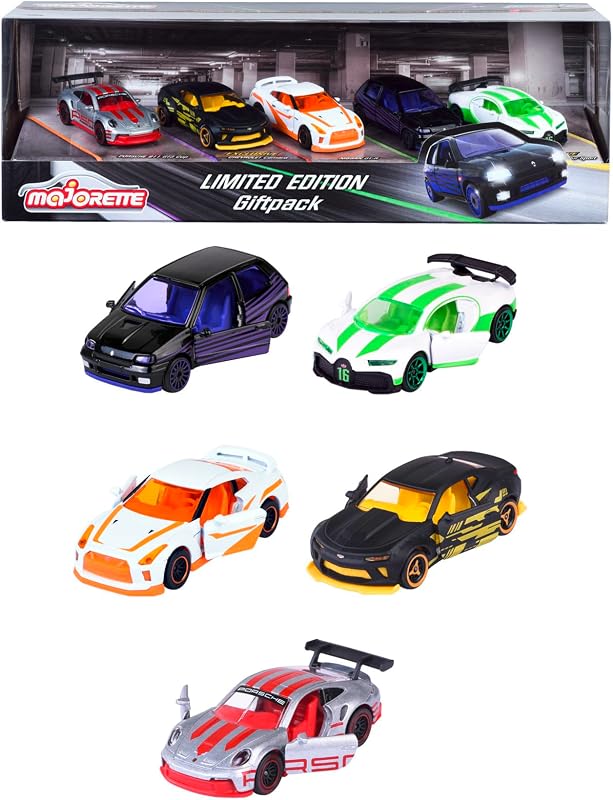 Majorette Auto-Set Limited Edition 10 - Geschenkset mit 5 Modellautos (Renault, Porsche, Nissan, Bugatti, Chevrolet), Autos aus Metall mit Freilauf, je 7,5 cm, für Kinder ab 3 Jahre