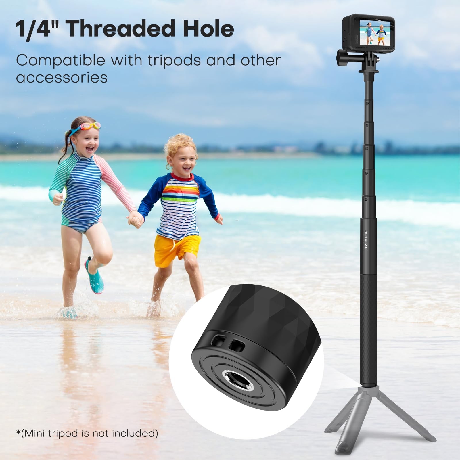 REYGEAK 130 cm kijek do selfie, aluminiowy, niewidoczny kijek do selfie, do montażu statywu z adapterem, Extendable Handheld Pole Stick Monopod kompatybilny z DJI Osmo 360/Pocket 3/Action, Insta-360