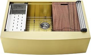Tourner 33 x 22 Stainless Steel, Single Basin, Farmhouse Kitchen Workstation Sink with Apron in Gold