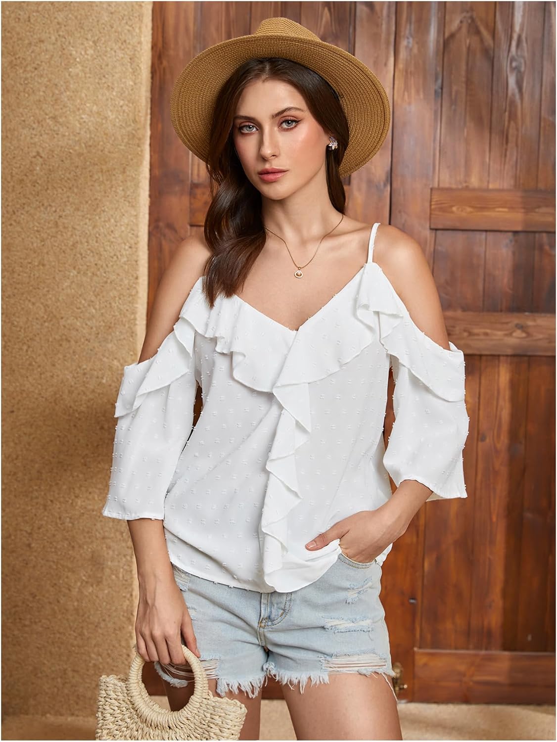 SweatyRocks Women's Off Shoulder Blouses Casual Ruffle Tops Loose Fit Blouse Fall Outfits - Image 4