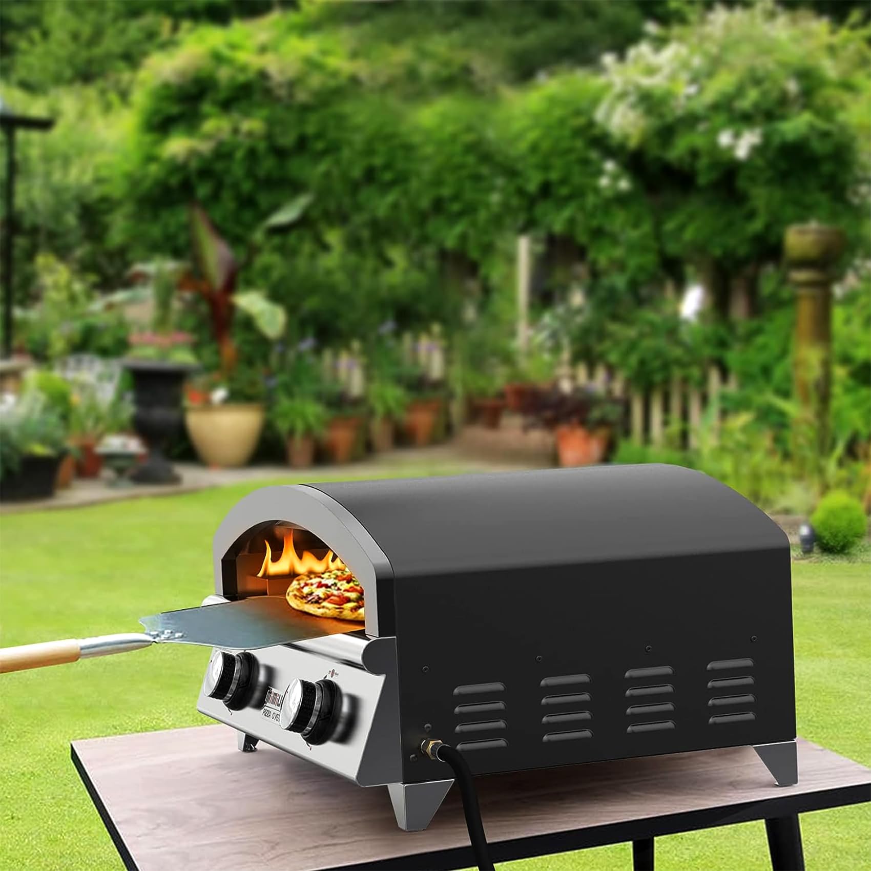 Horno de pizza de gas al aire libre de 25 pulgadas, horno portátil de propano para pizza con piedra de hornear grande - Haz 2 pizzas a la vez - Estufa multifuncional de acero inoxidable para 7