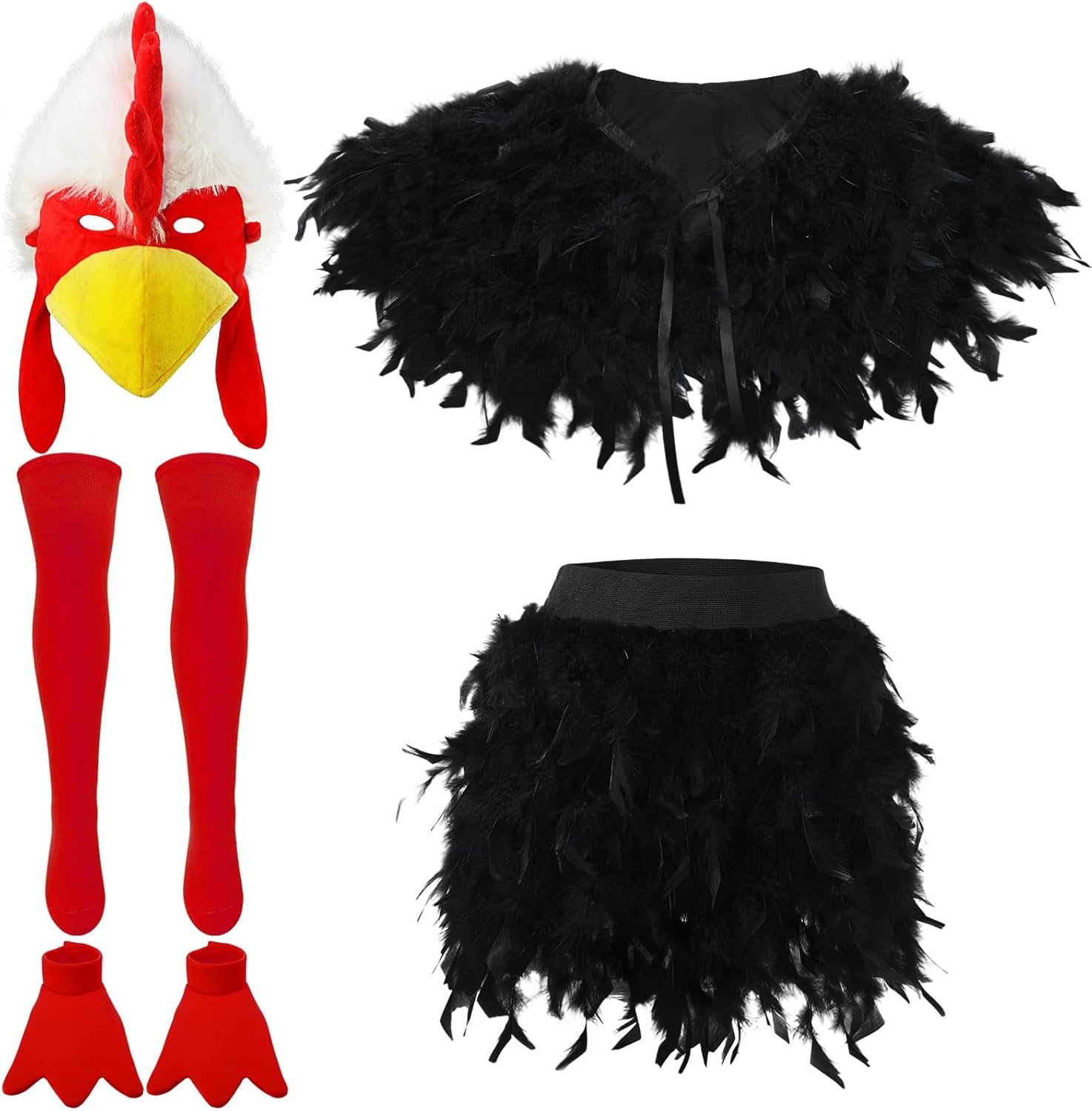 Liitrsh 5 Pcs Halloween Chicken Costume Women Adult Rooster Hat Feather Cape Skirt Outfits Accessory Kit