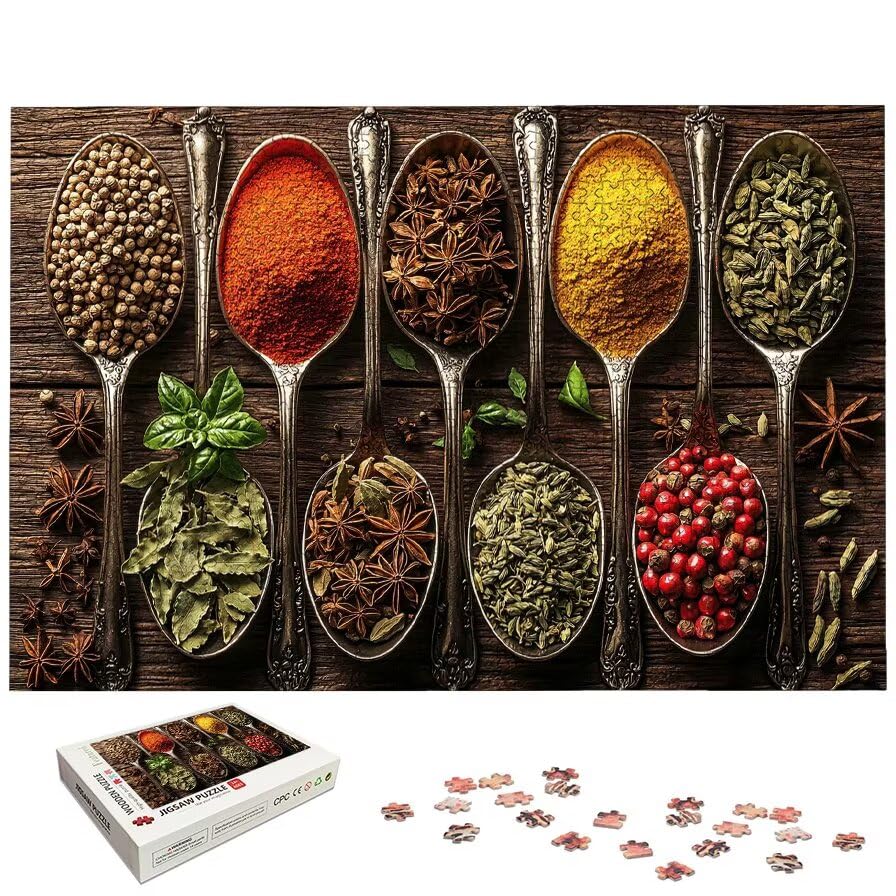 Puzzle 1500 sztuk przypraw, drewniane puzzle kuchenne dla dorosłych, rozmiar: 87 x 57 cm, puzzle 1500 sztuk dla dorosłych, rodzinne gry edukacyjne, puzzle pomysł na prezent dla kobiet, wystrój domu
