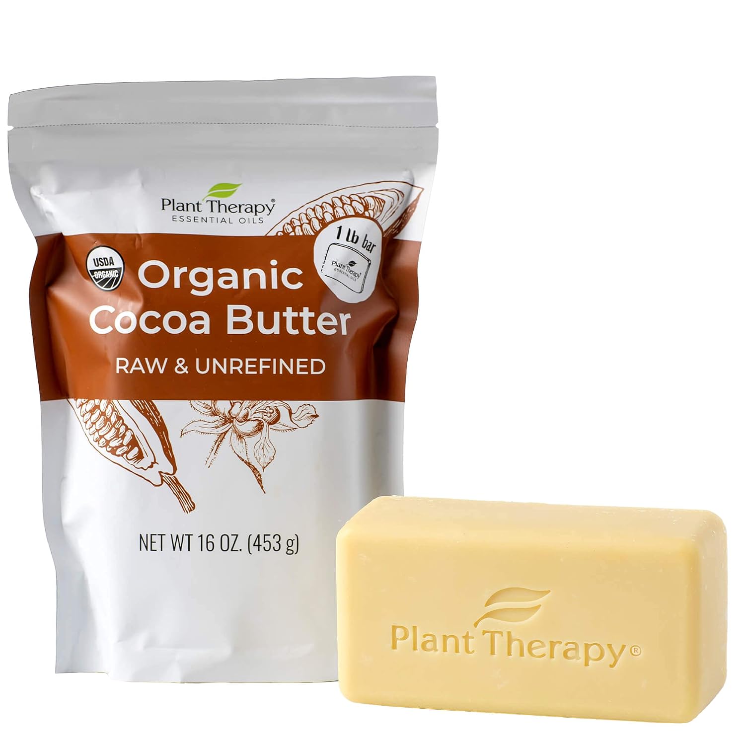Plant Therapy Organic Cocoa Butter Raw, Unrefined USDA Certified 16 oz Bar For Body, Face and Hair 100% Pure, Natural Moisturizer For Dry Skin, DIY