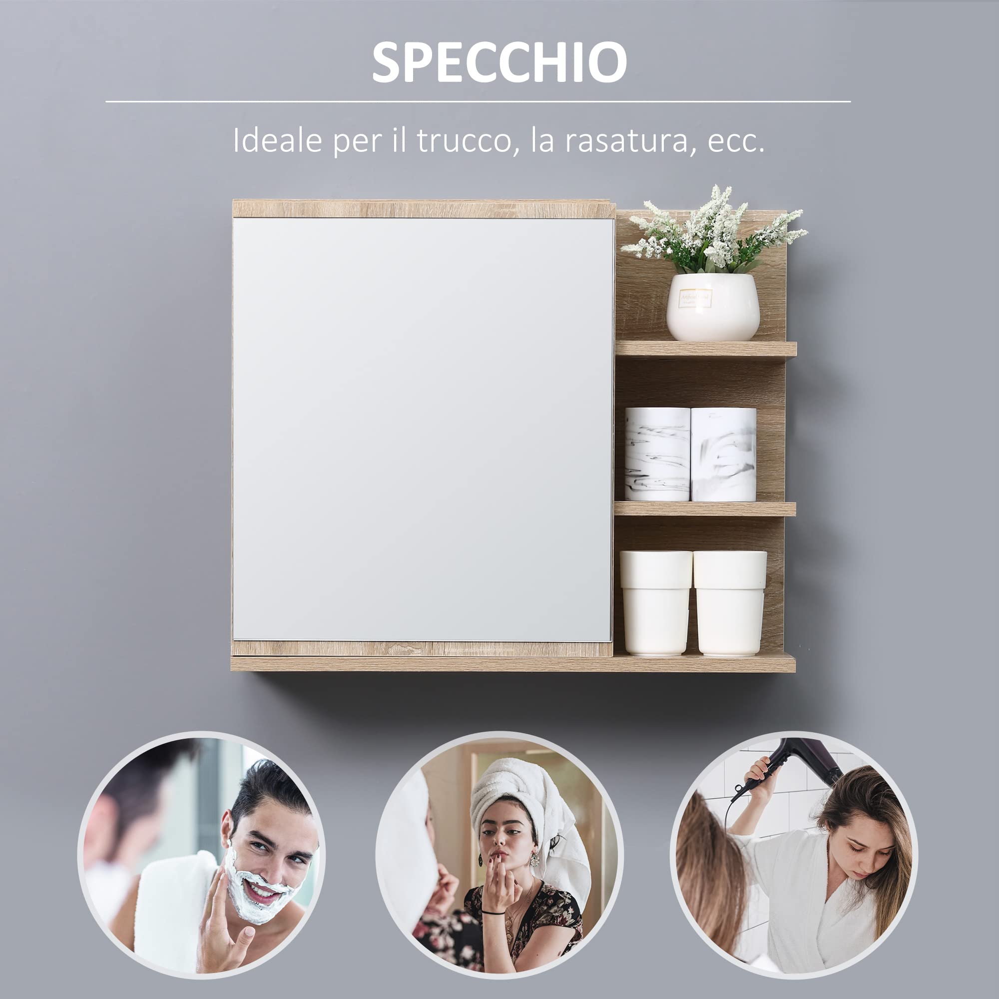 kleankin Set Arredo Bagno 2 Pezzi Specchiera Sottolavabo Color Legno | Mobile Specchiera con 3 Ripiani Aperti, Mobile Sottolavabo con 2 Ripiani Aperti e Armadietto, Truciolato e Vetro