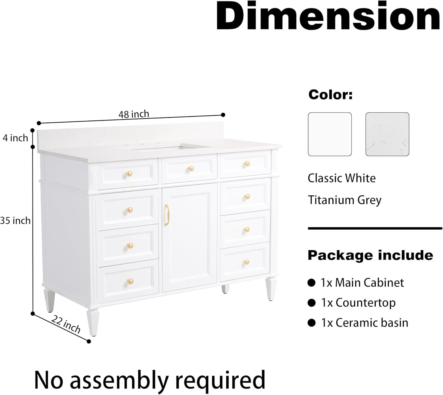 WELLFOR 48" Bathroom Vanity with Sink Top Combo Set, Freestanding Solid Wood Vanity for Bathroom W/ 1 Soft-Close Door and 6 Soft-Close Drawers, Carrara White Quartz Countertop, White