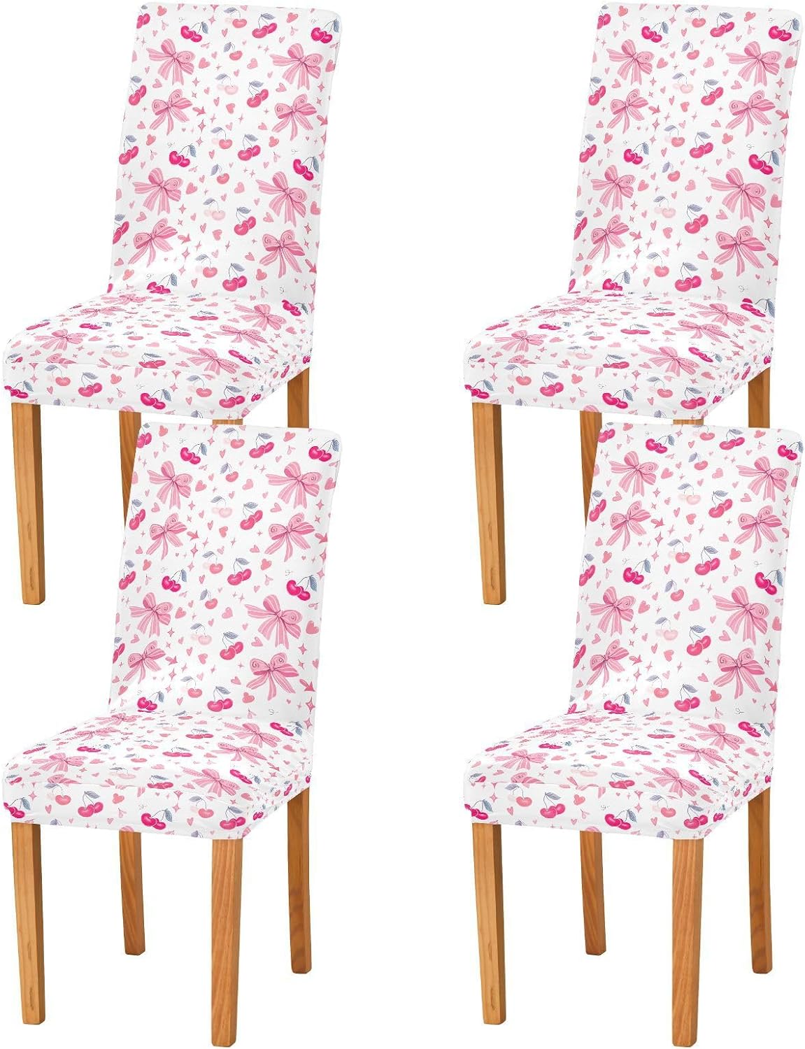 Chair Covers for Dining Cherry and Bow Stretch Chair Cover Kitchen Slipcovers Washable Seat Protector Set of 4