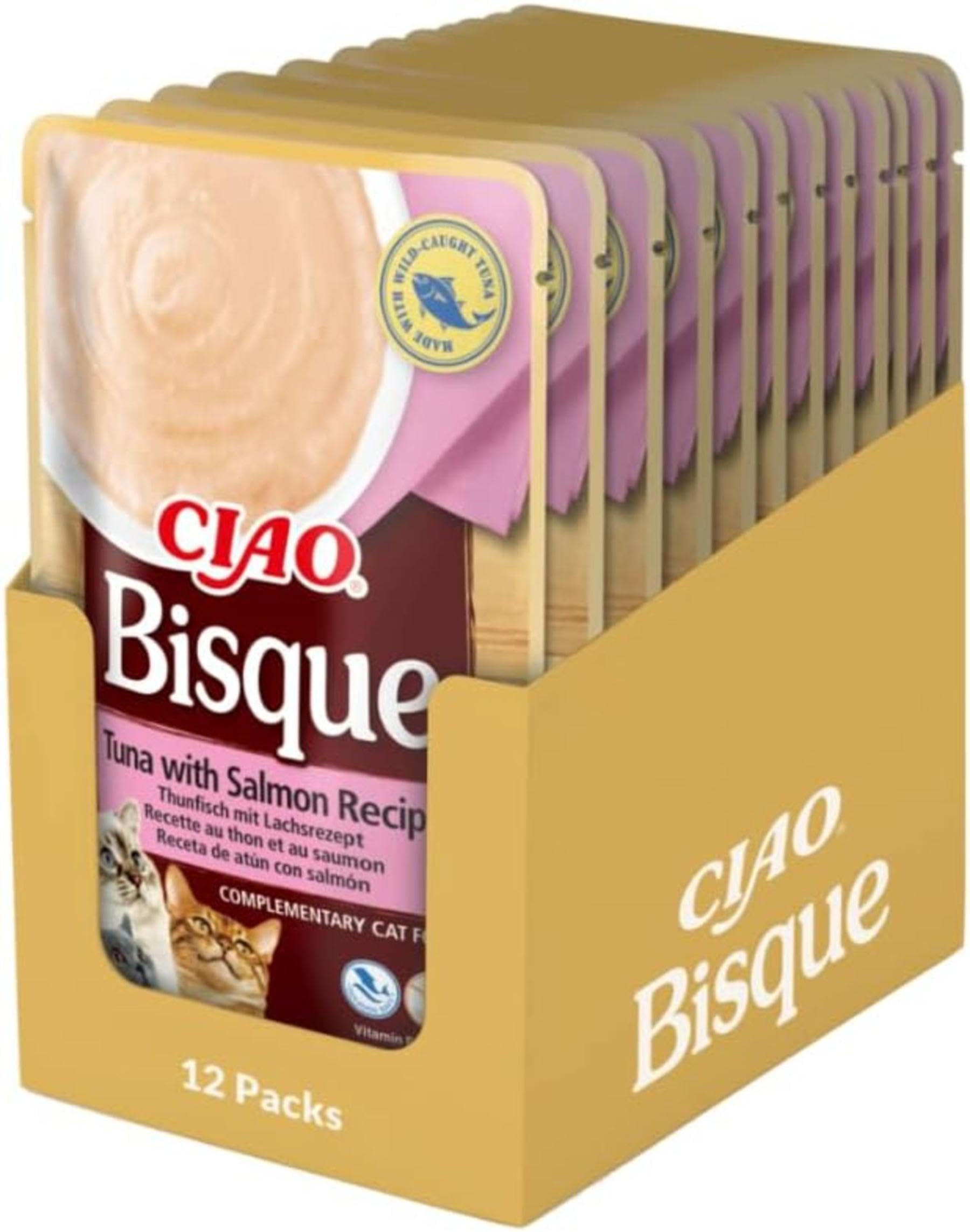 INABA Ciao Bisque Katzenfutter Nass Ohne Getreide und Zucker, Kalorienarm mit 28% Thunfisch, Keine Nebenerzeugnisse, Cremige Paste und Leckere Katzensuppe mit Hochwertigen Zutaten 40 g (12er Pack)