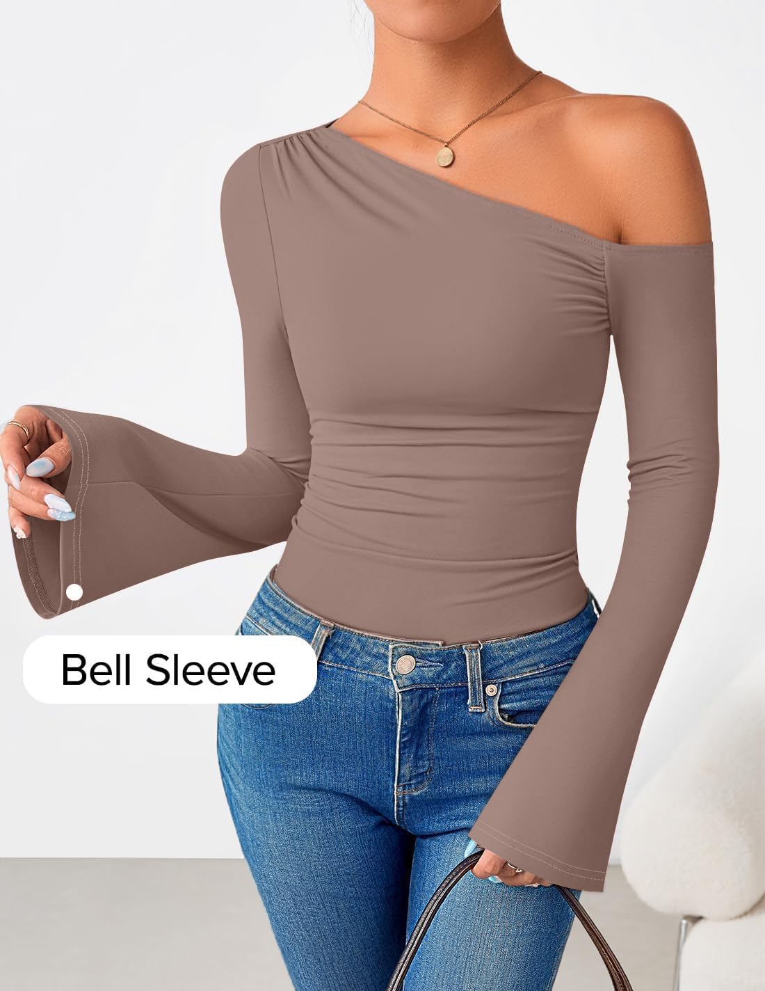 ZESICA Women's Off Shoulder Tops Bell Long Sleeve Shirts 2026 Spring Trendy Going Out Ruched Tight Fitted Y2K Clothes - Image 4