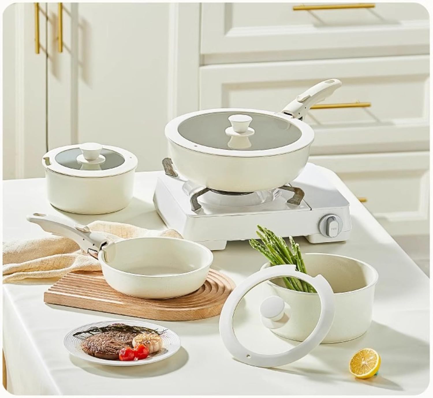 6 PCs pots and pans set non stick, Nonstick Kitchen Cookware Set, 2 Detachable/Removable Handles, Induction RV Kitchen Set, Oven Safe, Cream White