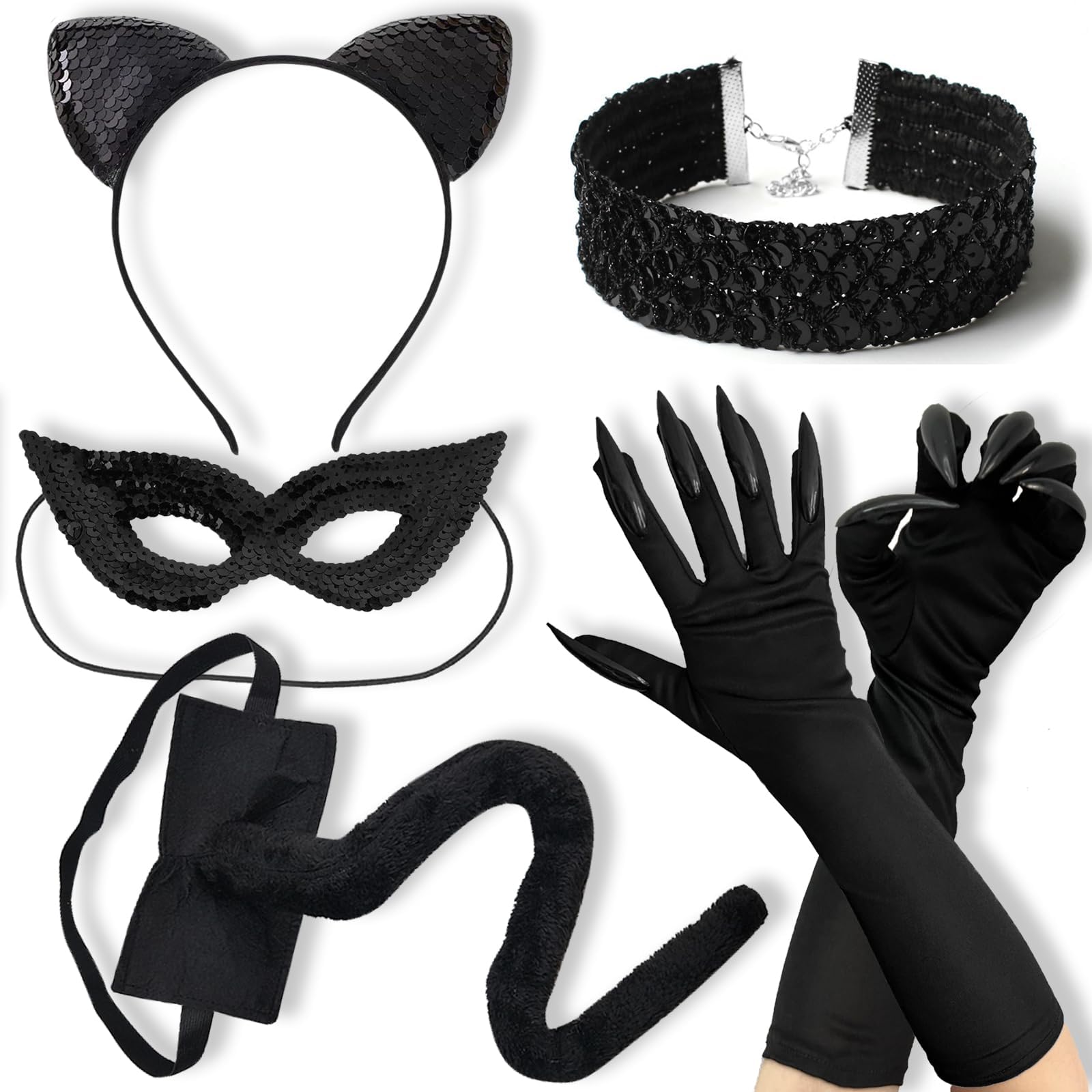Cat Woman Costume, Black Cat Costume for Women, Cat Woman Accessories with Sequins Black Masquerade Mask Choker Necklace Gloves Cat Tail, Cosplay Accessories for Women Halloween Cosplay