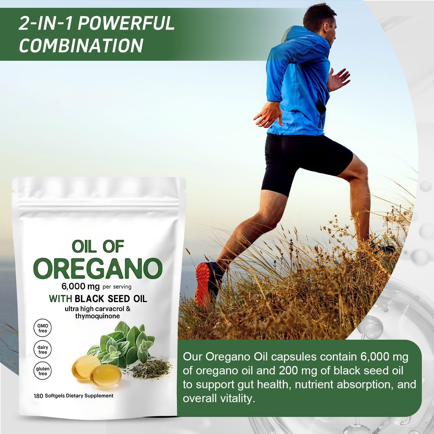 Oil of Oregano Softgels 6000mg Per Serving, 2 in 1 Formulated with Black Seed Oil 200mg, 4X Strength Carvacrol & Thymoquinone | Plant Based, Non-GMO & Immune Support (180 Count/1 Bag) - Image 7