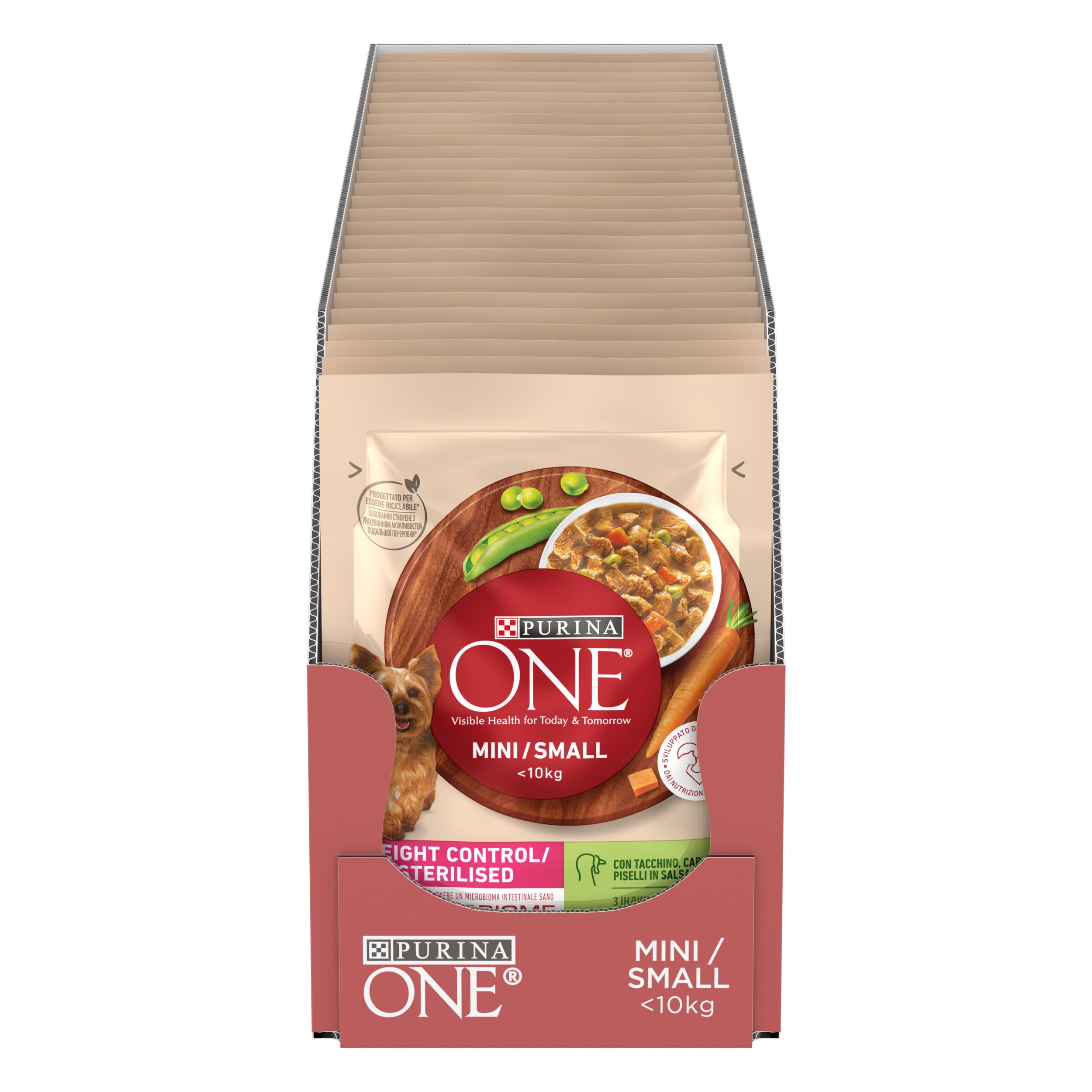 PURINA ONE Small&Mini < 10kg Controllo del peso Cibo Umido per Cani Adulti con Tacchino, Carote e Piselli 26 bustine da 85g