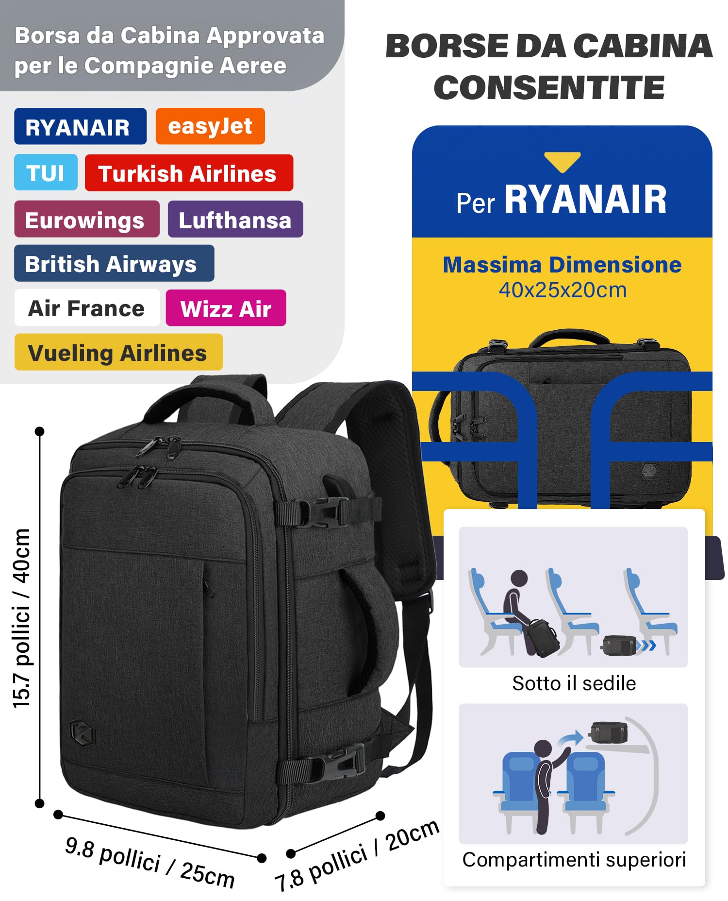 VANKEV Zaino Ryanair 40x20x25 Zaino da Viaggio Aereo Bagaglio a Mano Donna Uomo 20L per Voli Porta PC 14 Pollici per Scuola e Lavoro Trekking grigio scuro