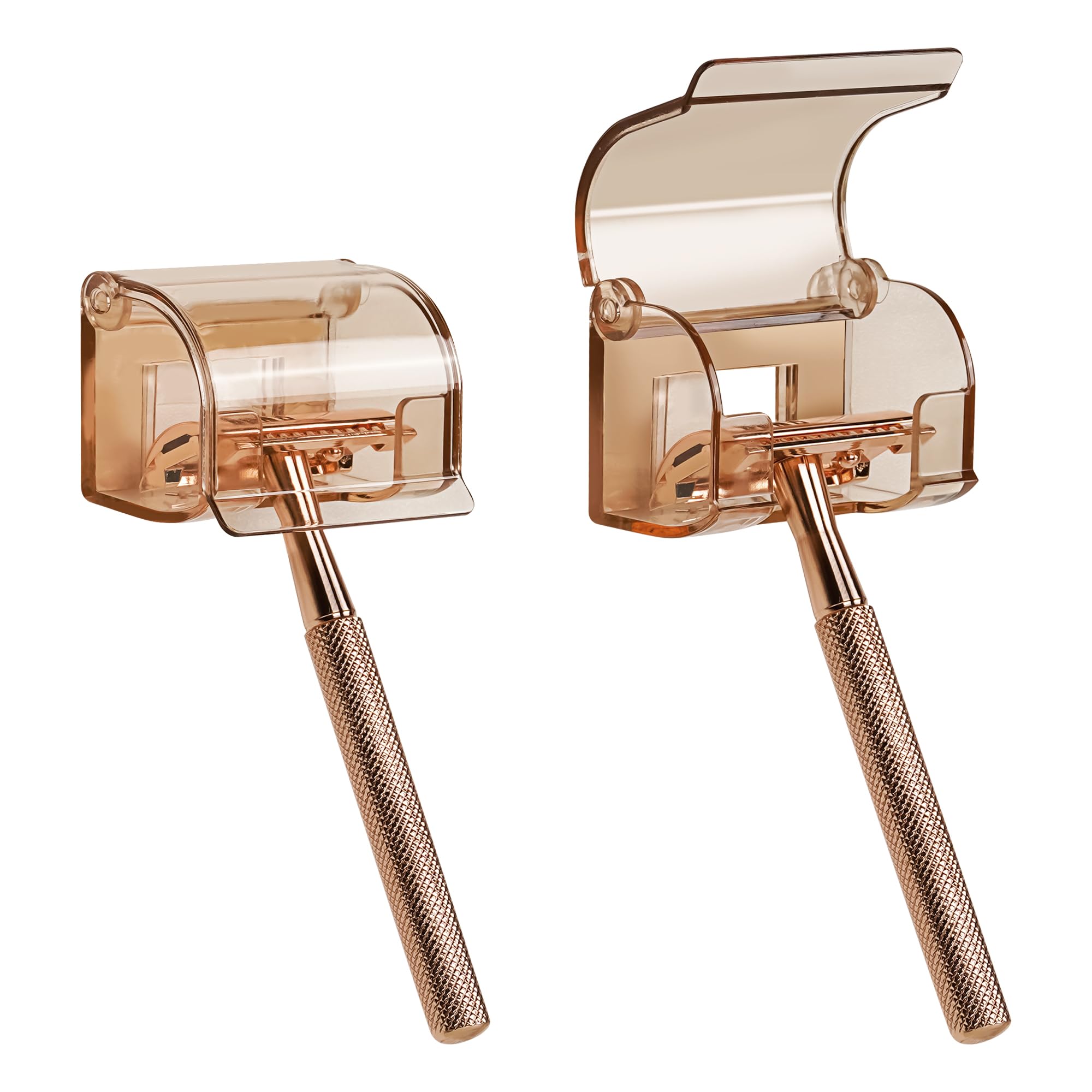 2 Pack Razor Holder with Cover for Shower Wall, Self Adhesive Razor Stand Shaver Organizer, Plastic Razor Hanger Hooks Compatible with Fusion 5 Proglide, Mach 3 Classic (Clear Brown)
