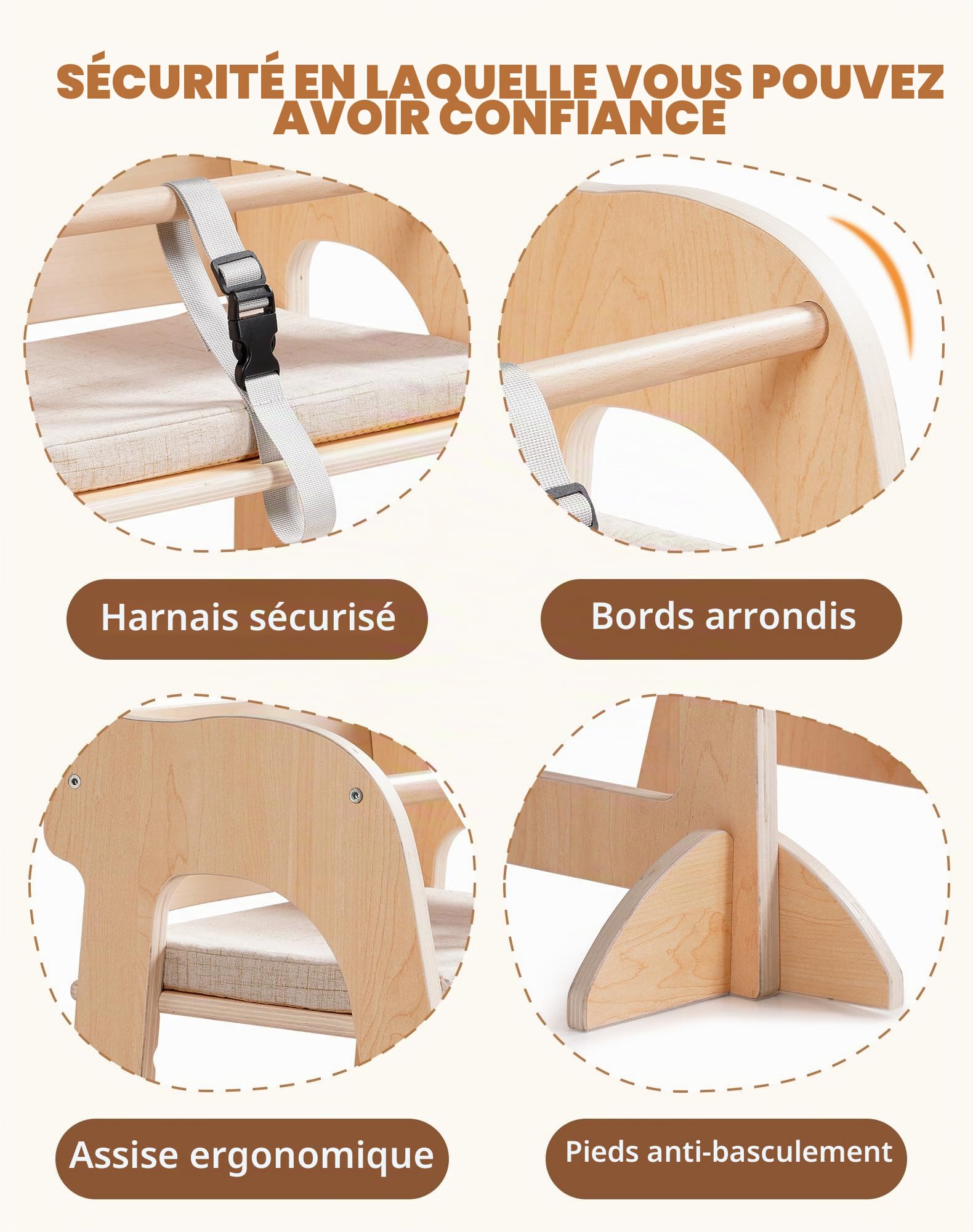 ROBUD Chaise Haute Multifonctionnelle en Bois, pour Enfant 6M+ à 40kg, avec Coussin Amovible & Harnais, Siège Évolutif avec Repose-pieds & Hauteur Réglable, Bois Naturel