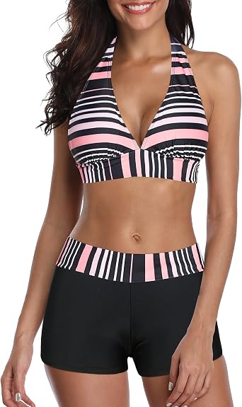 Zando Boyshort Two Piece Swimsuits for Women - Modest Sporty Full Coverage Push Up Bikini Set Halter Bathing Suit for Beach