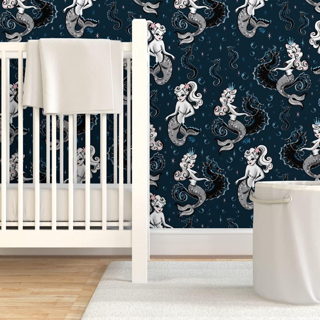 Peel & Stick Wallpaper 3ft x 2ft - Mermaid Medium Mermaids Retro Vintage Seahorse Custom Removable Wallpaper by Spoonflower