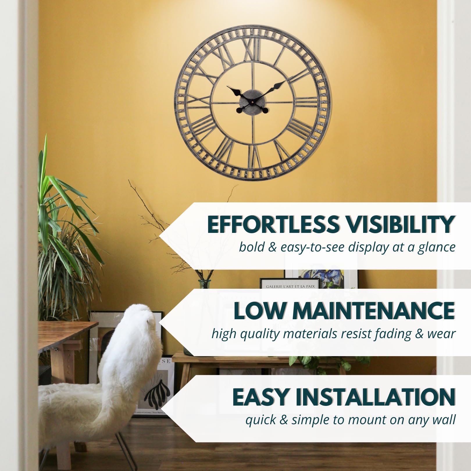 Garden Mile Horloge murale à chiffres romains ouverts de 60 cm pour extérieur/intérieur et extérieur - Étanche - Pour salon, cuisine, jardin