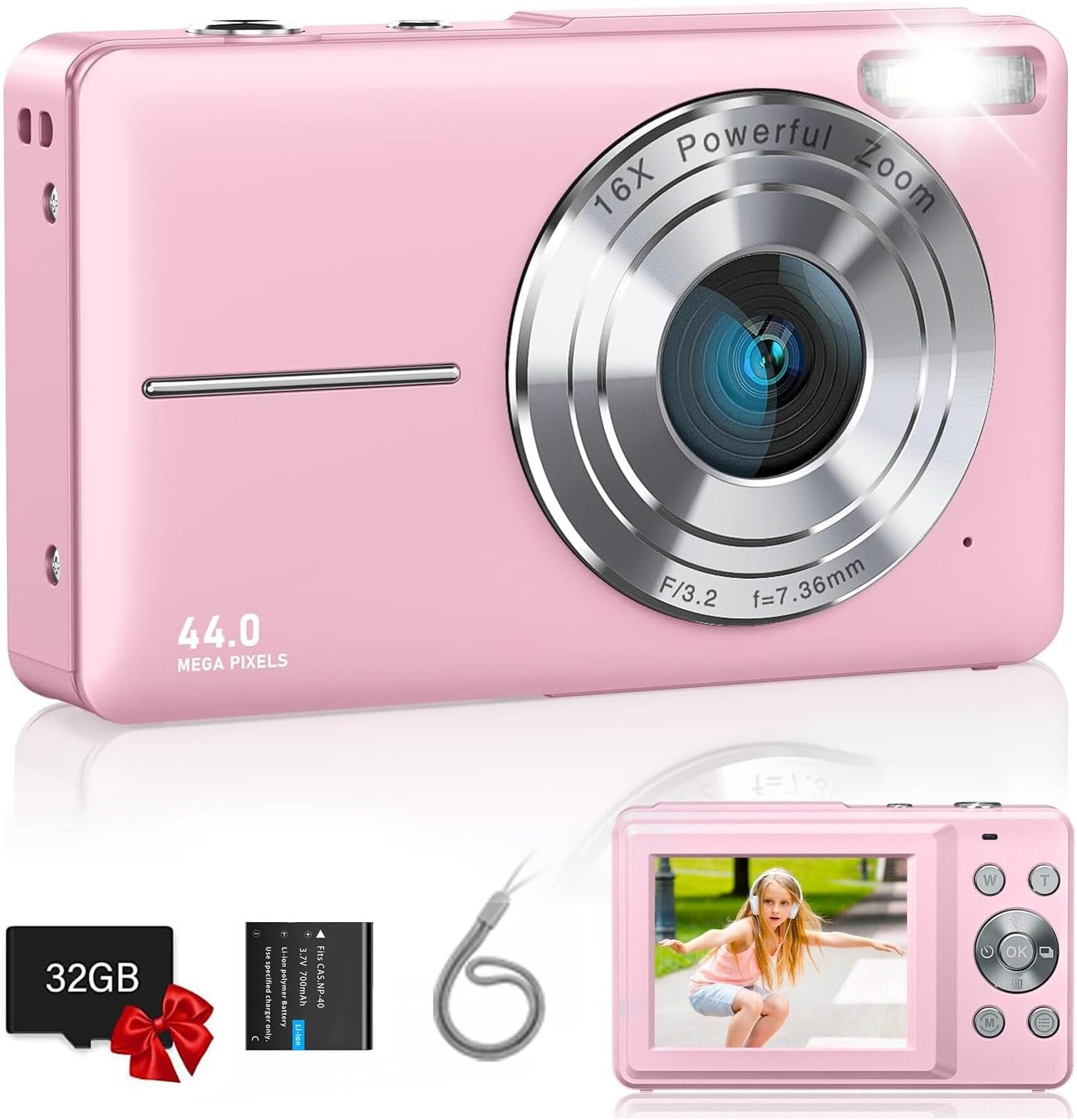 Prosight Digital Camera, FHD 1080P Kids Camera With 32GB Card, 16X Digital Zoom, 44MP Compact Point and Shoot, Portable Mini for Teens Boys Girls