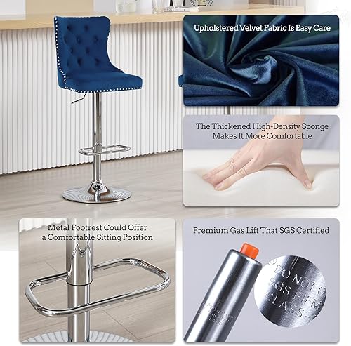 Miniatura 12 de Juego de 4 taburetes de bar giratorios ajustables de terciopelo con respaldo copetudo, ribete de cabezas de clavos y anillo de tracción, sillas de